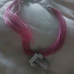 Elegant Pink Necklace with Silver Pendant Riman Or Greek Theme Multi Strand